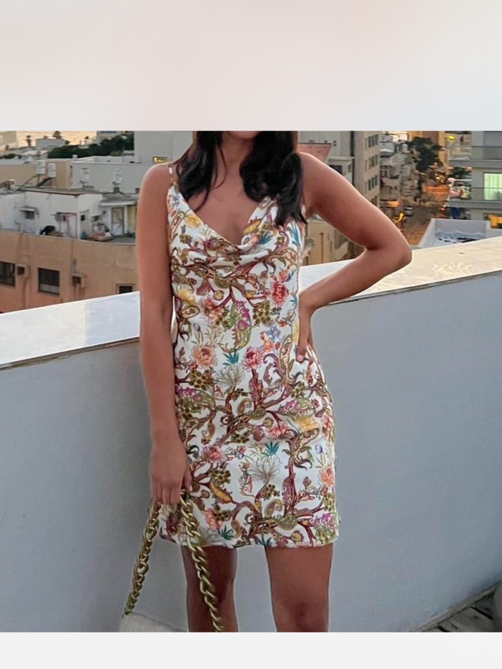 Floral Print Cowl Neck Mini Dress - White Multi
